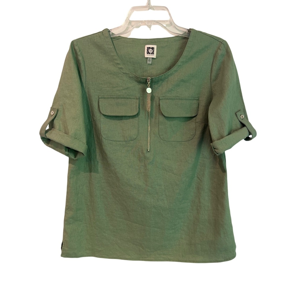 Anne Klein Women's Sage Green Linen Blend Half Zip Tassel Utility Blouse Size‎ S